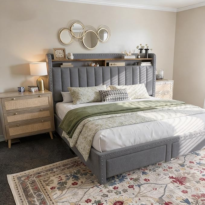 EnHomee King Size Bed Frame with 2 Metal Storage Drawers, Vertical Tufted Upholstered King Platform Bed with Headboard Shelf, 1000lbs Heavy Duty, No Box Spring Needed,Easy Assembly,Grey