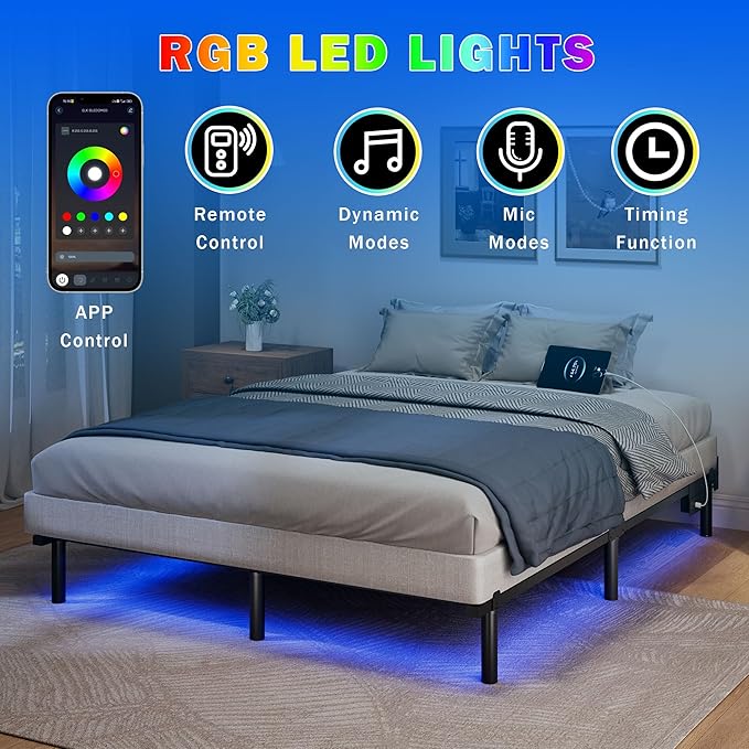 SHOANED King Size Bed Frame with LED, 7 Inch Metal Steel Bedframe for Box Spring and Mattress, Heavy Duty Basics Bed Base, Noise Free, Easy Assembly, Black, Adjustable