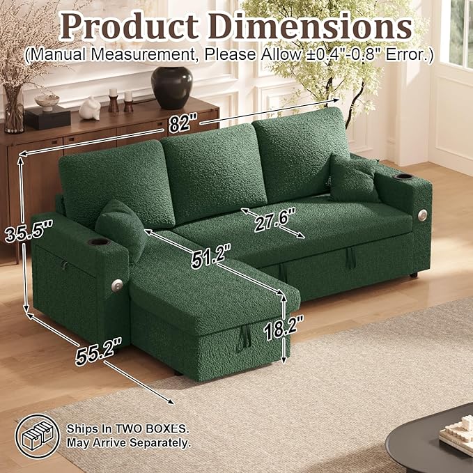 Sleeper Sofa Bed, 4-in-1 Pull Out Couch with Reversible Chaise | Dual USB & Type-C Charging | Dual Cup Holders | Layered Storage (Armrest + Chaise) for Living Room (Classic Green)