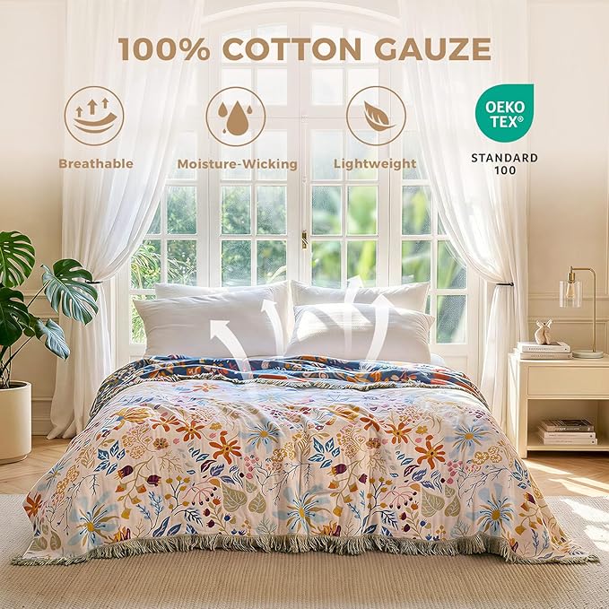 LUTBM Boho Throw Blanket with Florals & Leaves Embroidery Reversible Lightweight Spring Cotton Gauze Throws for Couch,Bed,Sofa & Chair Decor - Bohemian Living Room Accent Gift 50"x60"