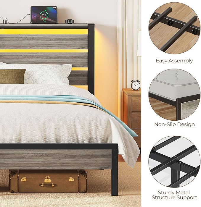 Rolanstar Bed Frame Twin Size with USB Charging Station, LED Bed Frame with Wood Storage Headboard, Light Grey Metal Platform Bed with Under Bed Storage, No Box Spring Needed, Noise Free