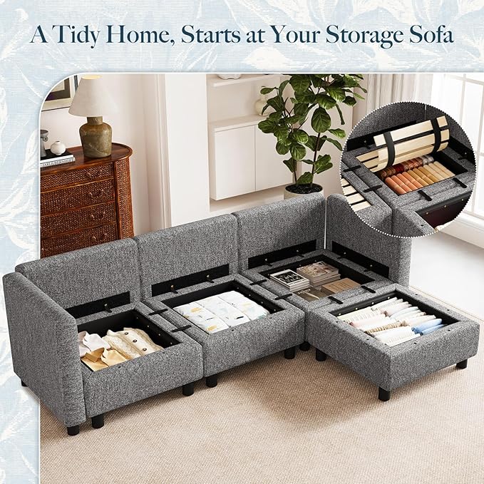 Belffin 84.3" 4 Seats L Shaped Couch Modular Sectional Sofa Washable Sectional Couches for Living Room Comfy Couches with Storage Seat Couch Sofas with Chaise,Grey