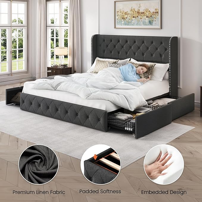 LARMACE King Size Platform Bed Frame with 4 Storage Drawers and 47.2" Tall Tufted Headboard Linen Upholstered Bed Wingback Bed Frame with Wooden Slats Support, Easy Assembly, Dark Grey