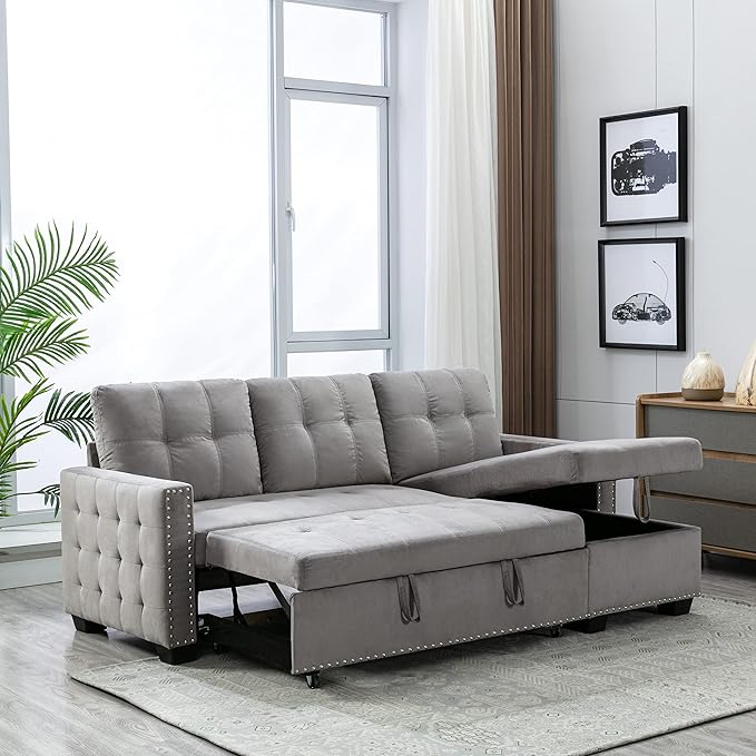 HABITRIO Sectional Sofa with Pull-Out Sleeper Bed, 76.8" Velvet Upholstered 2-Seat Solid Wood Frame Couch & Reversible Storage Chaise Lounge, Modern L-Shaped Corner Sofa for Living Room, Office
