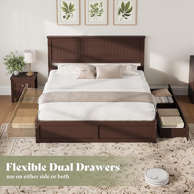 AMERLIFE Solid Wood King Size Storage Bed Frame with Headboard, Platform Bedframe with 2 Storage Drawers, Beadboard Design & Wooden Slats/No Box Spring Needed/Noise-Free, Espresso Brown Finish