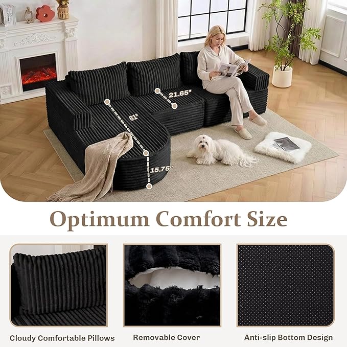 103”Boneless Couches for Living Room, L-Shaped Modular Sectional Sofa with Chaise, Modern Corduroy Cloud Couch with Deep Seat, Comfy Sponge Compression Convertible Sofas