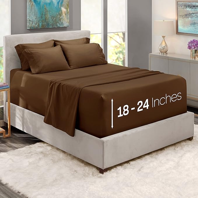 Hearth & Harbor Extra Deep Pocket Sheets - Fits Mattress 18-24 Inches Deep - Extra Deep Pocket California King Size - 6 Piece Cal King Sheets - Cal King, Brown