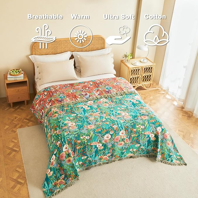 LUTBM Boho Throw Blanket for Bed Cotton Spring Blankets Twin Size for Bedroom Living Room All Season Lightweight Floral Embroidery Reversible Quilt for Couch Sofa Chair 60"x80" Home Decor