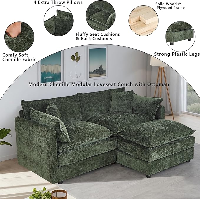 Setawix Deep Loveseat Couch with Ottoman,Large L-Shaped 2 Seater Cloud Couches for Living Room,77.16" Chenille Cloud Sofas with Deep Seat,Modular Sectional 2 Seat Sofa for Bedroom (Green, 2+1)