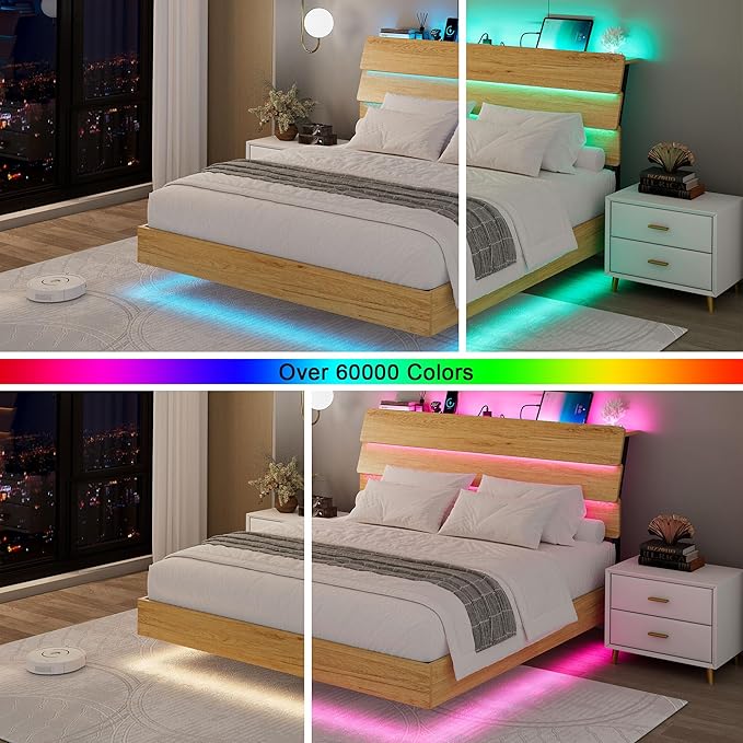 Feonase Floating Bed Frame Full with Led Lights and Charging Station, Wood Full Size Bed Frame with Storage Headboard, Heavy Duty Metal Slats, No Box Spring Needed, Easy Assembly, Noise-Free,Oak