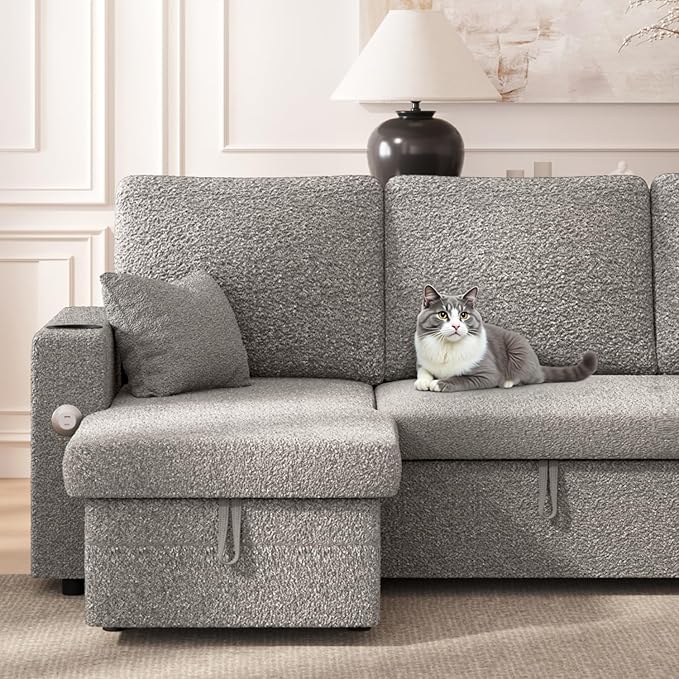 Sleeper Sofa Bed, 4-in-1 Pull Out Couch with Reversible Chaise | Dual USB & Type-C Charging | Dual Cup Holders | Layered Storage (Armrest + Chaise) for Living Room, Apartment, Home Office (Light Gray)