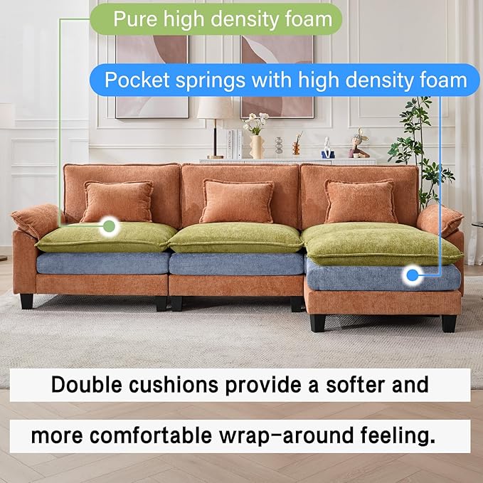 120" Modular Sectional Sofa, Comfy Cloud Couch Sectional Sofa with Ottoman, Chenille Sofa Sleeper Deep Seat Sofa with Throw Pillows for Living Room (Orange, 120"- L Shape)