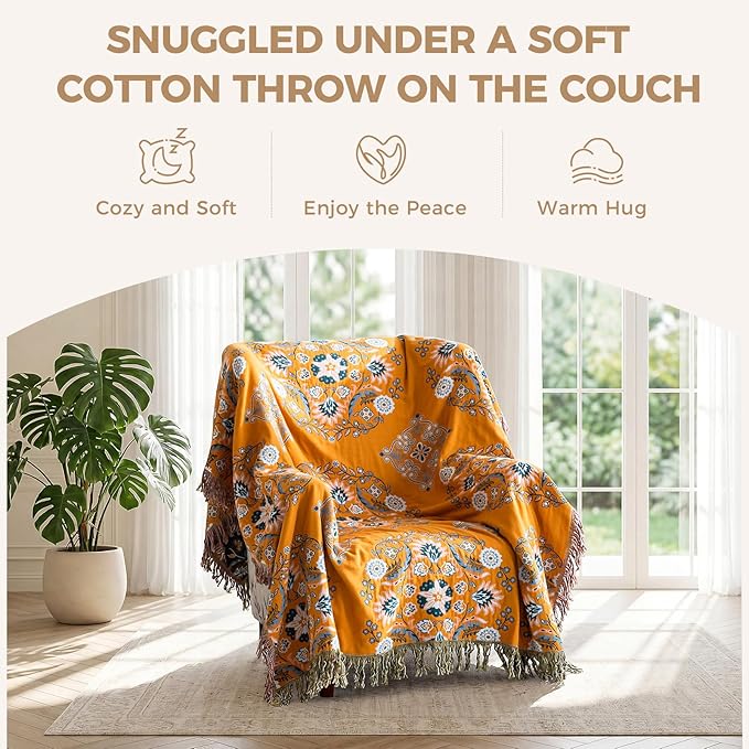Boho Throw Blanket for Bed 100% Cotton Soft Lightweight Quilt Floral Embroidery Home Decor Spring Breathable Bed Blanket,60"x80" All Season Reversible Twin Yellow Blankets for Sofa Couch Chair
