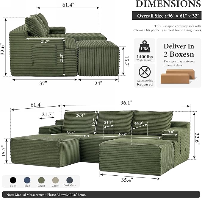 96" Sectional Couches for Living Room Cloud Couch Sofa with L-Shape Upholstered Boneless Couchs Modern Modular Sectional Couch with Chaise (Green, 96" W+Left Facing Chaise+2Seaters+Ottoman)