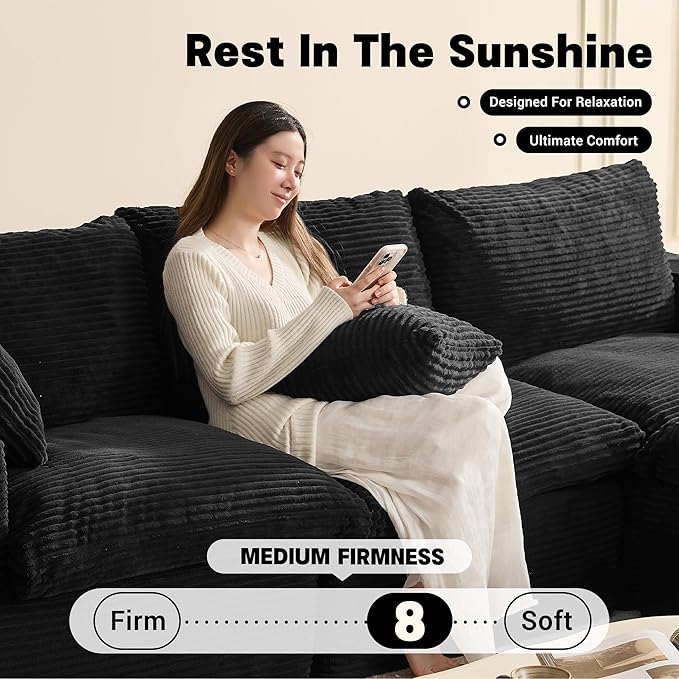 106.3” Sectional Couches for Living Room, Set of Cloud Couch, Modular Sectional Sofa, Convertible Sofas Bed, Deep Seat Sofa, L Shaped Cozy Sofa Furniture Set, Corduroy, Black