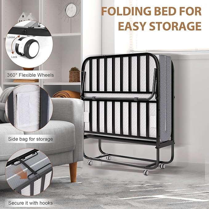 Decofy Folding Bed with Memory Foam Mattress, Portable Rollaway Guest Beds on Wheels, 75"x38" Twin Size Space-Saving Cot-Size Bed for Adults with Easy Assembly Metal Frame (White)