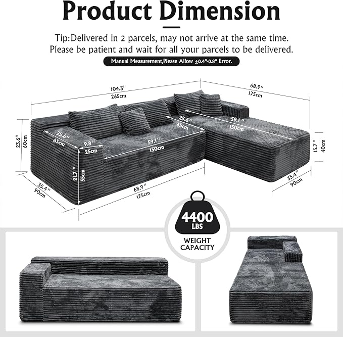 Boneless Modular Sectional Sofa, Cloud Couch with Right Facing Chaise, Oversized Deep Seat, L-Shaped, Soft Corduroy Fabric, Sectional Couch for Living Room -Grey