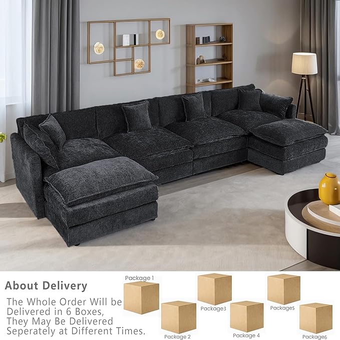 Setawix Deep 4 Seater Couch with Ottomans,147.22" U-Shaped Cloud Couches for Living Room,Chenille Cloud Sofa Couch with Foorest,Modular Sectional U Shape 4 Seat Sofa for Bedroom (Black, 4+2)