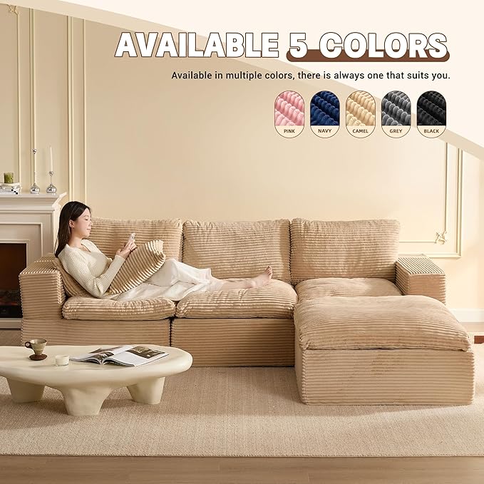 106.3” Sectional Couches for Living Room, Set of Cloud Couch, Modular Sectional Sofa, Convertible Sofas Bed, Deep Seat Sofa, L Shaped Cozy Sofa Furniture Set, Corduroy, Camel