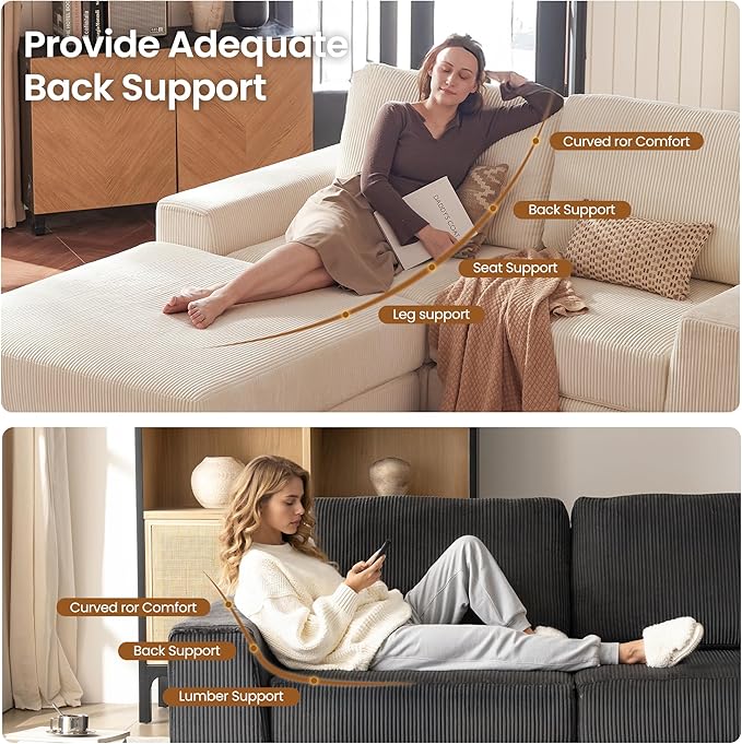 Modular Sectional Sofa, 80.31" Modern Cloud Couch Sectional Sofa with L-Shaped Chaise Comfy Corduroy Fluffy Couch with Deep Seat Boneless Couches for Living Room Bedroom, White