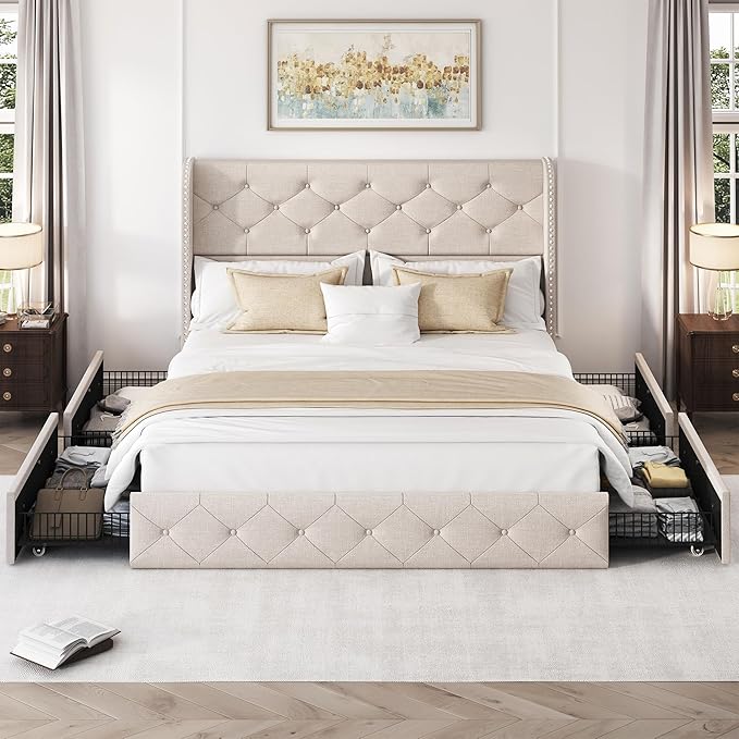 LARMACE Full Size Bed Frame with 4 Storage Drawers and 47.2" Tall Wingback Headboard Linen Upholstered Platform Bed Frame Tufted Beds with Wooden Slats Support, Easy Assembly, Beige