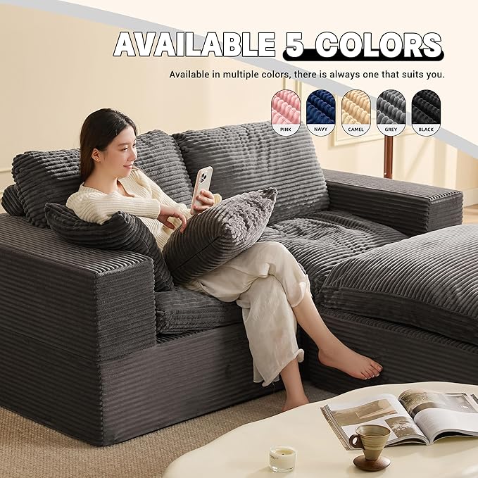 74.8” Set of Cloud Couch, Modular Loveseat Sofa, Convertible Sofas Bed, Deep Seat Sofa, Cozy Sofa for Living Room, Office and Bedroom, L Shaped Cozy Sofa Furniture Set, Corduroy, Gray