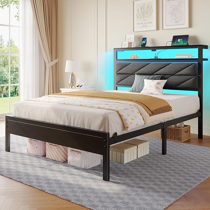 Seventable Bed Frame Twin Size with Charging Station, LED Bed with Upholstered Storage Headboard, Metal Platform Bed with Under Bed Storage, No Box Spring Needed, Noise Free, Easy Assembly, Grey