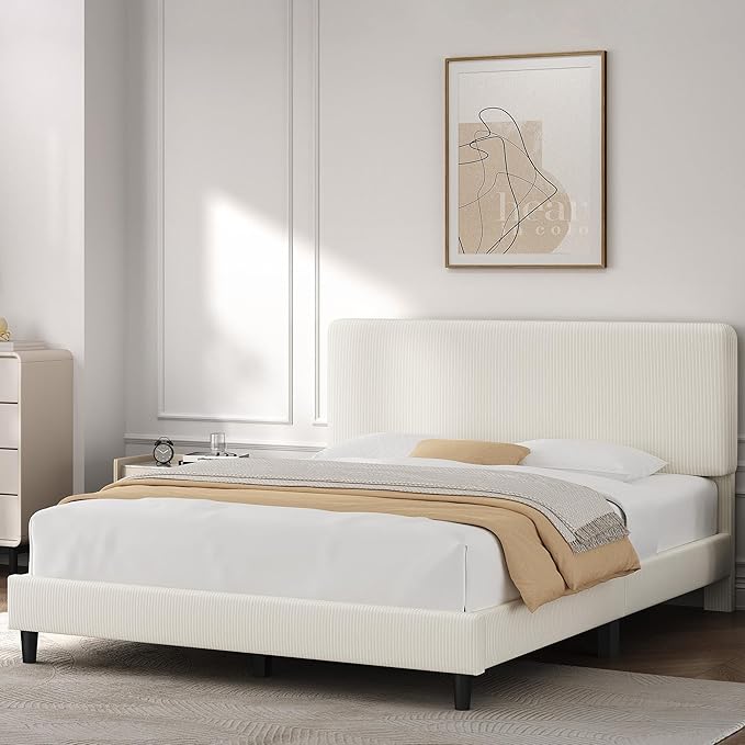Yaheetech Queen Bed Frames with Adjustable Headboard, Chenille Fabric Upholstered Headboard/Platform Bed, Queen Size Bed Frame No Box Spring Needed/Wood Slats Support/Easy Assembly/Beige