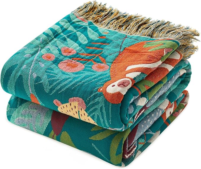 LUTBM Throw Blanket for Couch Sofa Soft Cotton Spring Blankets for Bedroom Living Room All Season Reversible Forest Animals Whimsical Home Decor 50"x60" Breathable Throws