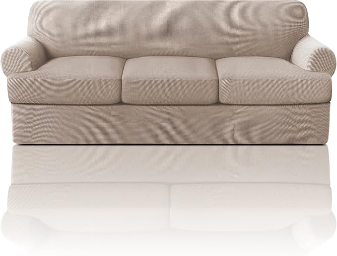 PrinceDeco T Cushion Sofa Slipcover 4 Pieces Sofa Covers for T Cushion Couch Soft Sofa Slip Covers Furniture Protector with 3 Individual T Shape Seat Covers Width Up to 88 Inch, Sand