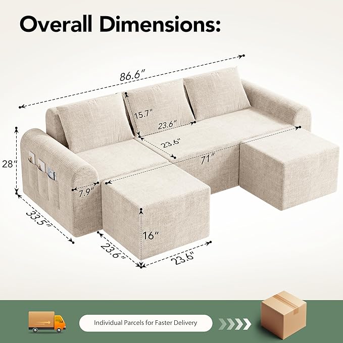 86.6" Cloud Boneless Sectional Sofa for Living Room, 3-Seater Modular Couch for Small Apartments with 2 Ottomans, Deep Seat Chenille Fabric Sofa, No Assembly, 72H Full Restore, Beige
