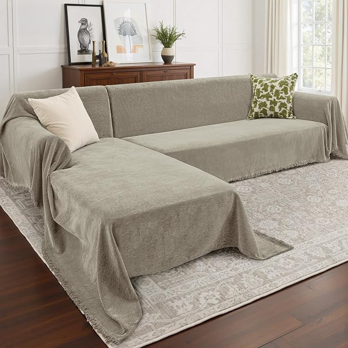 Sectional Couch Covers, 2 Pieces Chenille Sofa Cover L Shaped Couch Cover Blanket for Dogs Washable Sofa Slipcovers Pet Furniture Protector (XXX-Large: 71" x 118" + 91" x 134", Smoked Tan)