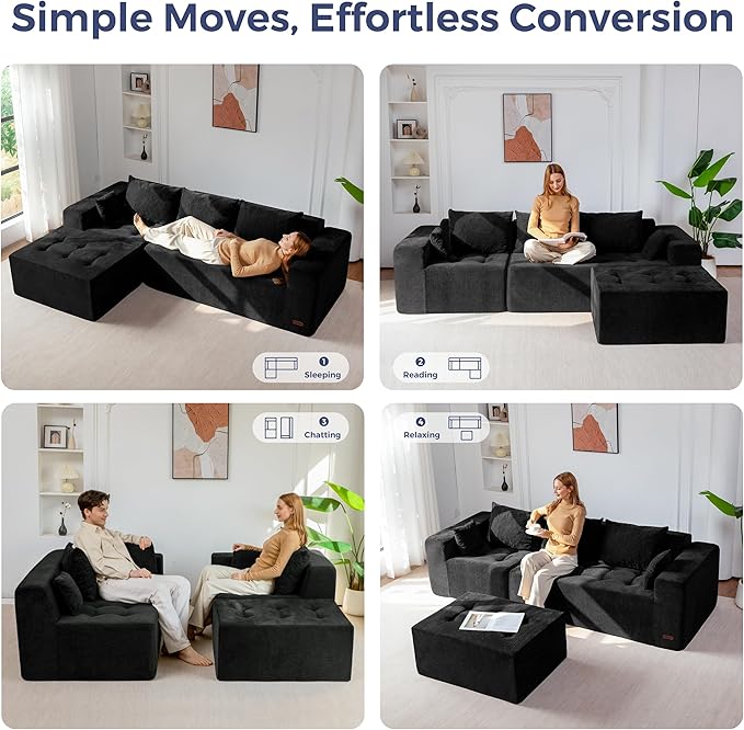 MAXYOYO Modular Sectional Sofa Couch, L Shaped Modern Cloud Couch with 1 Ottoman, Sofa in A Box, Tufted 4-Seat Boneless Sleeper Chair for Living Room, No Assembly Required, Black