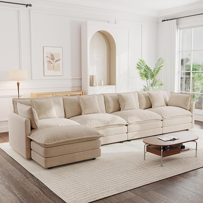 mikibama Modular Sectional Sofa, 146.5 Inch L Shaped Couch Set for Living Room, 4-Seater Comfy Cloud Couches with Movable Ottoman, DIY Combination, Chenille, Light Coffee