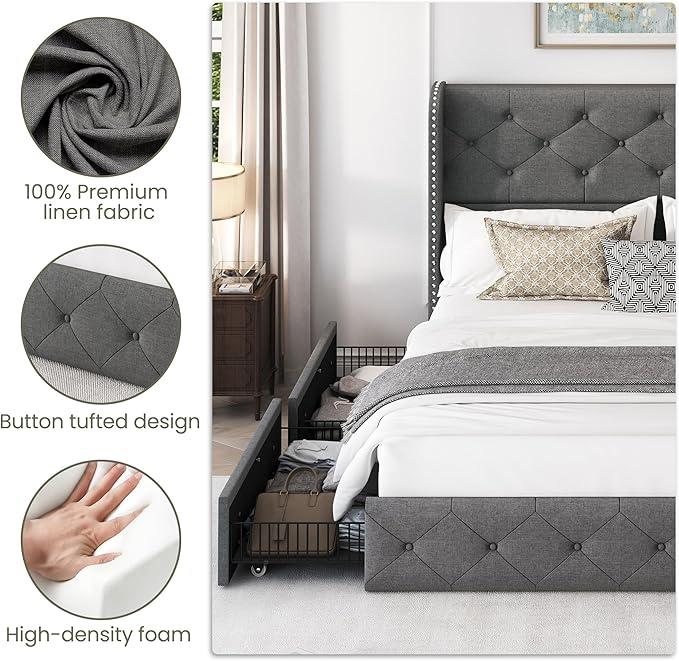 LARMACE Full Size Bed Frame with 4 Storage Drawers and 47.2" Tall Wingback Headboard Linen Upholstered Platform Bed Frame Tufted Beds with Wooden Slats Support, Easy Assembly, Light Grey