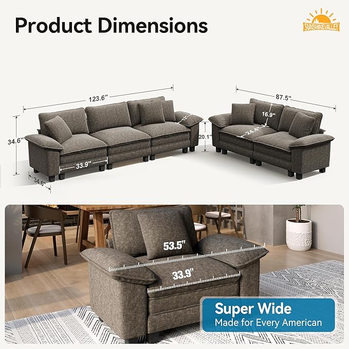 2 Piece Living Room Sofa Furniture Set, Oversized Chenille Modular Loveseat and 3-Seat Couch with Pillow, Modern 5-Seat Cloud Sectional Deep Seat for Apartment, Smoky Grey