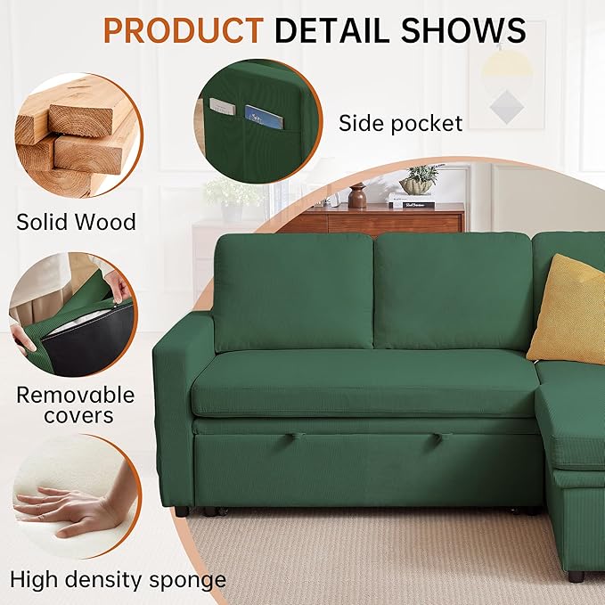 79" Sleeper Sofa Bed, 3-in-1 Convertible Sofa Pull Out Couch with Storage | Reversible Chaise | L Shaped | Layered Storage | 3-Seater Comfy Sectional Couch Pullout Bed for Living Room
