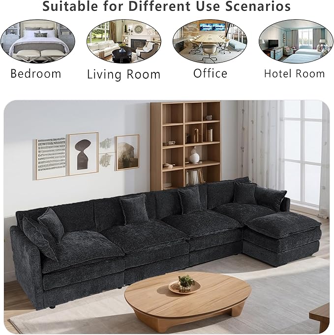 Setawix Deep 4 Seater Couch with Ottoman,147.22" L-Shaped Cloud Couches for Living Room,Chenille Cloud Sofa Couch with Deep Seat,Modular Sectional L Shape 4 Seat Sofa for Bedroom (Black, 4+1)