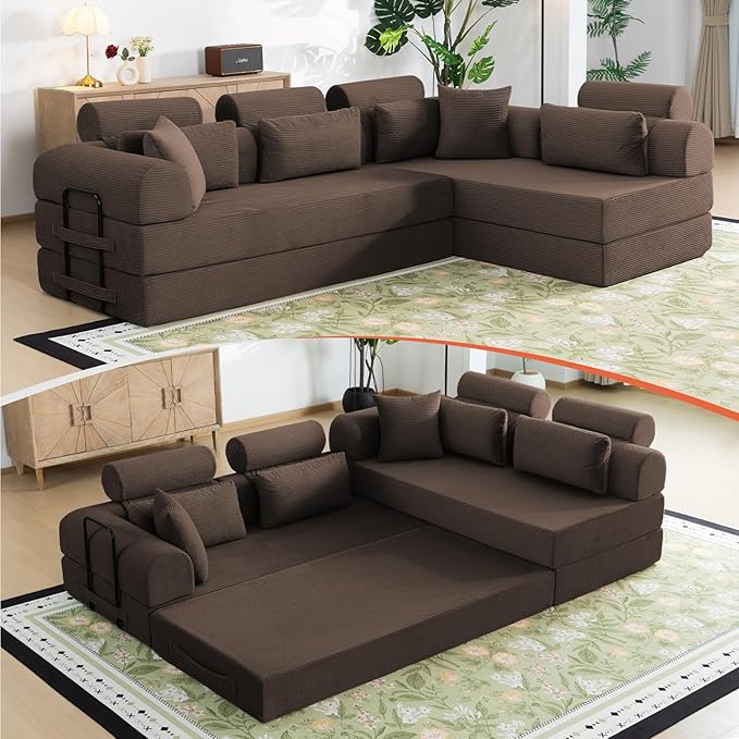 106” L Shaped Boneless Sectional Couch, Two 70.87” Pieces Convert to 141.7” Extra Long Straight Sofa, Corduroy Couch in a Box with Headrest and Back Pillows for Apartment Living Room, Brown