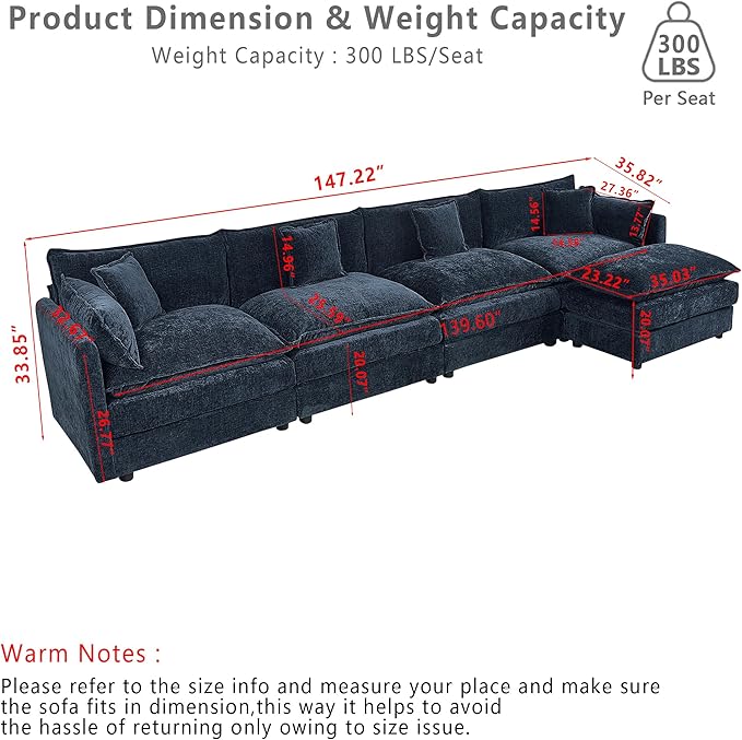 Setawix Deep 4 Seater Couch with Ottoman,147.22" L-Shaped Cloud Couches for Living Room,Chenille Cloud Sofa Couch with Deep Seat,Modular Sectional L Shape 4 Seat Sofa for Bedroom (Blue, 4+1)