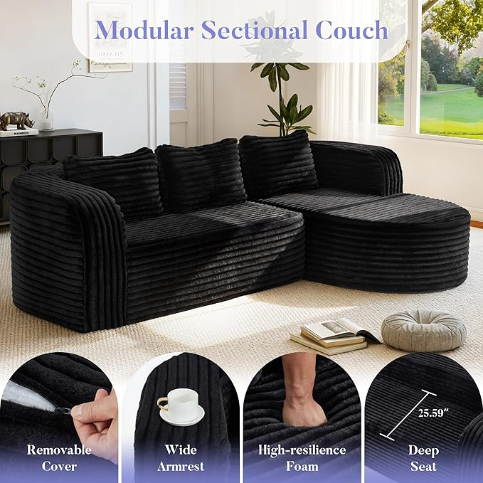 Hobestluk 96" Cloud Sectional Couch Modern Boneless Couch 3 Seater with Oversized Chaise L Shaped Modular Sofa Couches for Living Room Apartment No Assembly Required (Stripe Black,Right Facing Chaise)