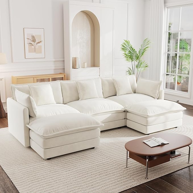 mikibama Modular Sectional Sofa, 111.5 Inch U Shaped Couch Set for Living Room, 3-Seater Comfy Cloud Couches with Movable Ottoman, DIY Combination, Chenille, Beige