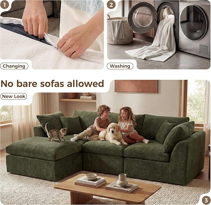 108" Cloud Sectional Couches, with 1 Extra Washable Cover, L Shaped 25.6" Deep Seat Couch with Ottoman, Oversized Comfy Living Room Sofa, DIY Color Refresh（ White Sofa + Green Cover Set）