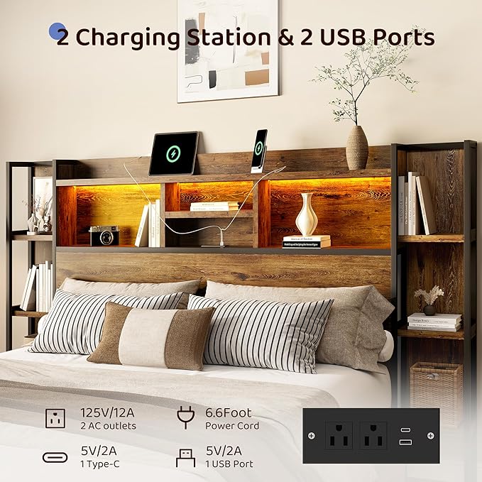 BRELTAM King Size Bed Frame with 4 Storage Drawers and Headboard Featuring Shelf Storage, Wooden Platform Bed Frame with LED Lights and Charging Station, Easy Assembly/No Box Spring Needed/Brown