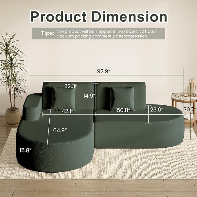 MELLCOM Modern Curved Boneless Sofa Couch, L-Shaped Corner Sofa, No Assembly Needed, Chenille Upholstered Cloud Sectional Couch for Living Room, Bedroom and Apartment (Green, Left Hand Facing)