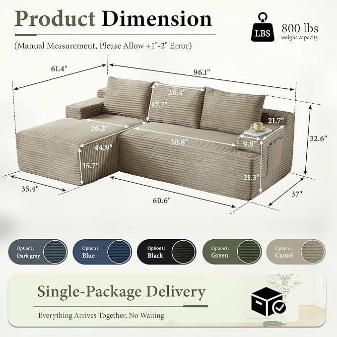 96" Sectional Couches for Living Room Cloud Couch Sofa with L-Shape Upholstered Boneless Couchs Modern Modular Sectional Couch with Chaise (Camel, 96" W+Left Facing Chaise+2Seaters)