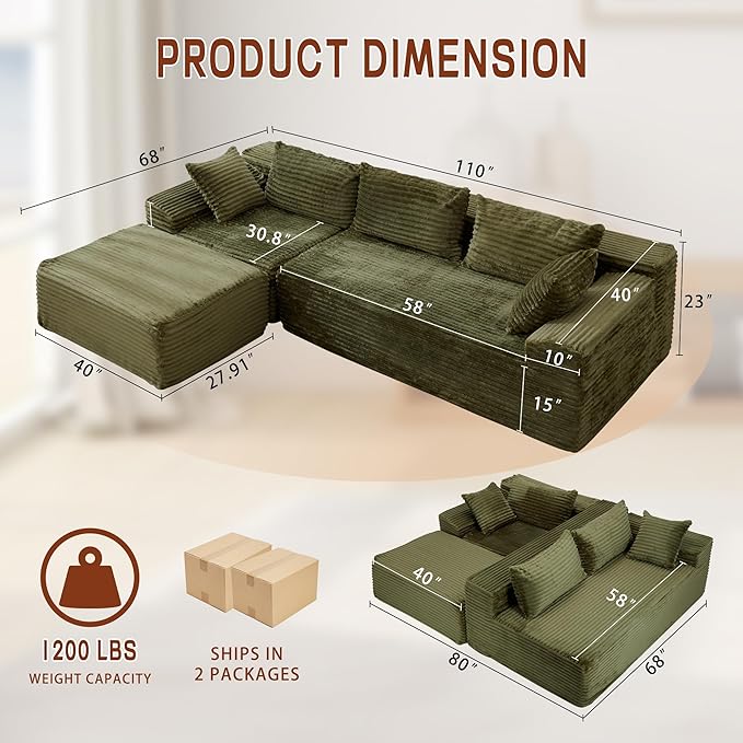 110" L-Shaped Modular Sectional Sofa with Chaise, Boneless Comfy Corduroy Fluffy Couch with Deep Seat and Side Pockets, Flexible Module Combination for Living Room, No Assembly, Side Pockets