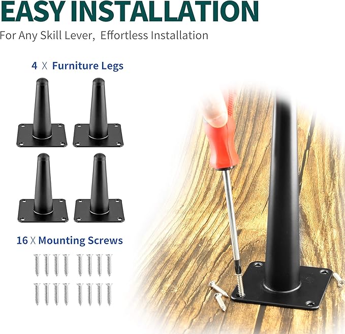 4pcs 4 Inch Furniture Legs, Straight Conical Metal Legs Matte Black Mid-Century Style Furniture Feet for Sofa Cabinet Table Chair Cupboard Couch Ottoman Home DIY Projects