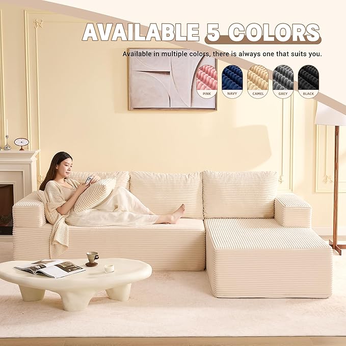 107" Boneless Couch with Deep Seat, Set of Modular Sectional Sofa, Cloud Sectional Couch for Living Room, No Assembly Required, Corduroy, L-Shape Right, White