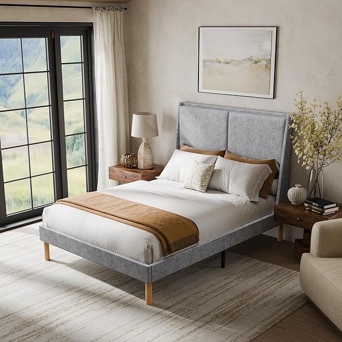 Cozy Castle Full Upholstered Platform Bed Frame with 51.2" Tall Wingback Headboard, Double Backrest Metal Bed Frame, No Box Spring Needed, Easy Assembly, Bedroom Furniture, Grey